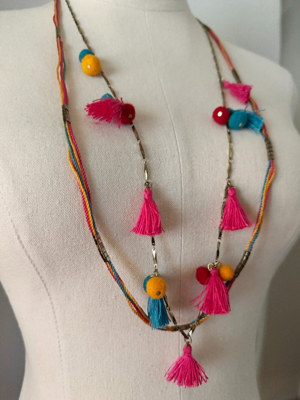 Brand New Boden Whimsical Colorful Pom-Pom & Tassel Multi-Strand Gold Necklace